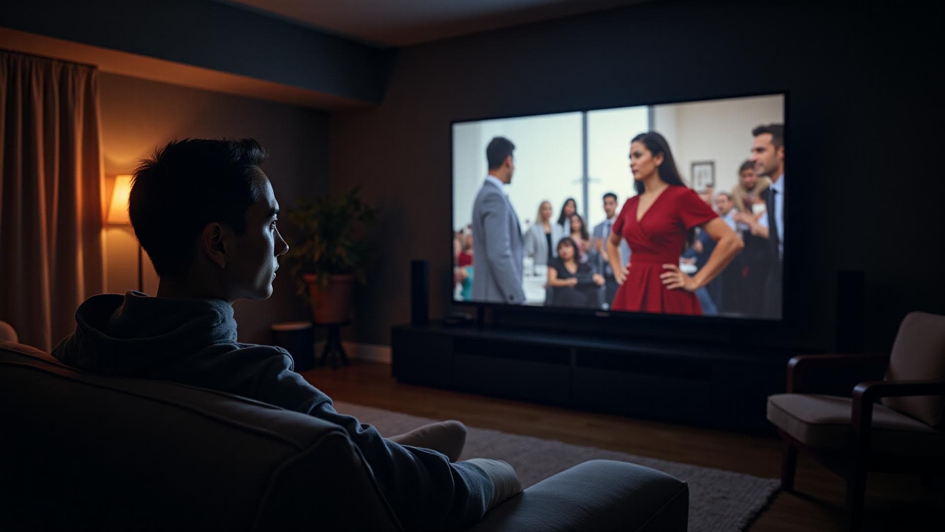 Person watching Hollywood movie without subtitles